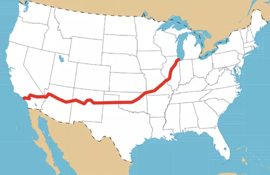 Map of Route 66 one of the most famous and common travel routes in the USA Campervan